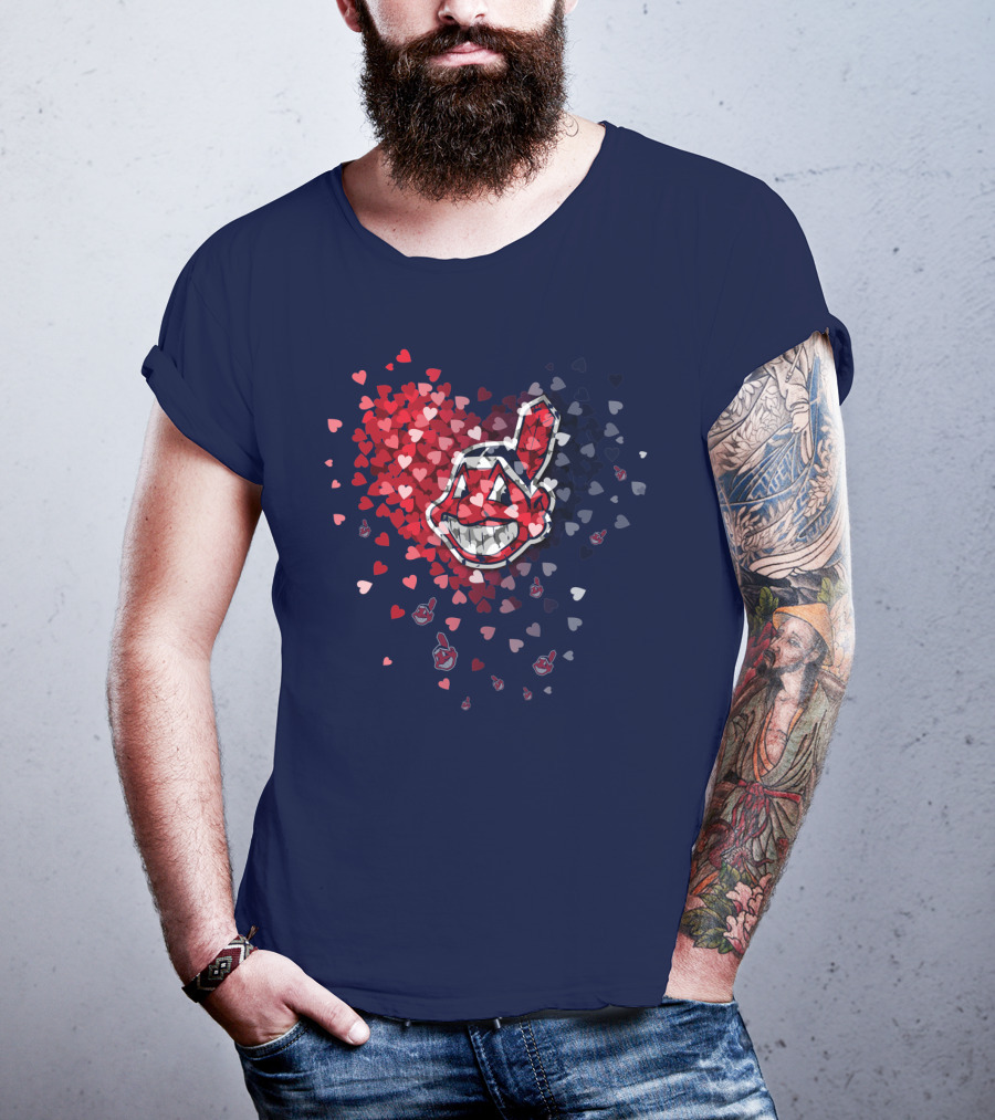 Cleveland Indians Heart Logo With Feathered Chief Wahoo In Blue And Red T-Shirt