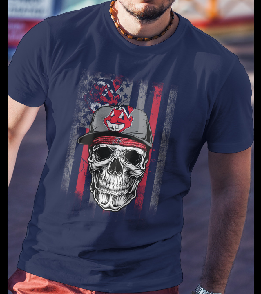 Cleveland Indians Skull Wearing Chief Wahoo Cap With American Flag T-Shirt
