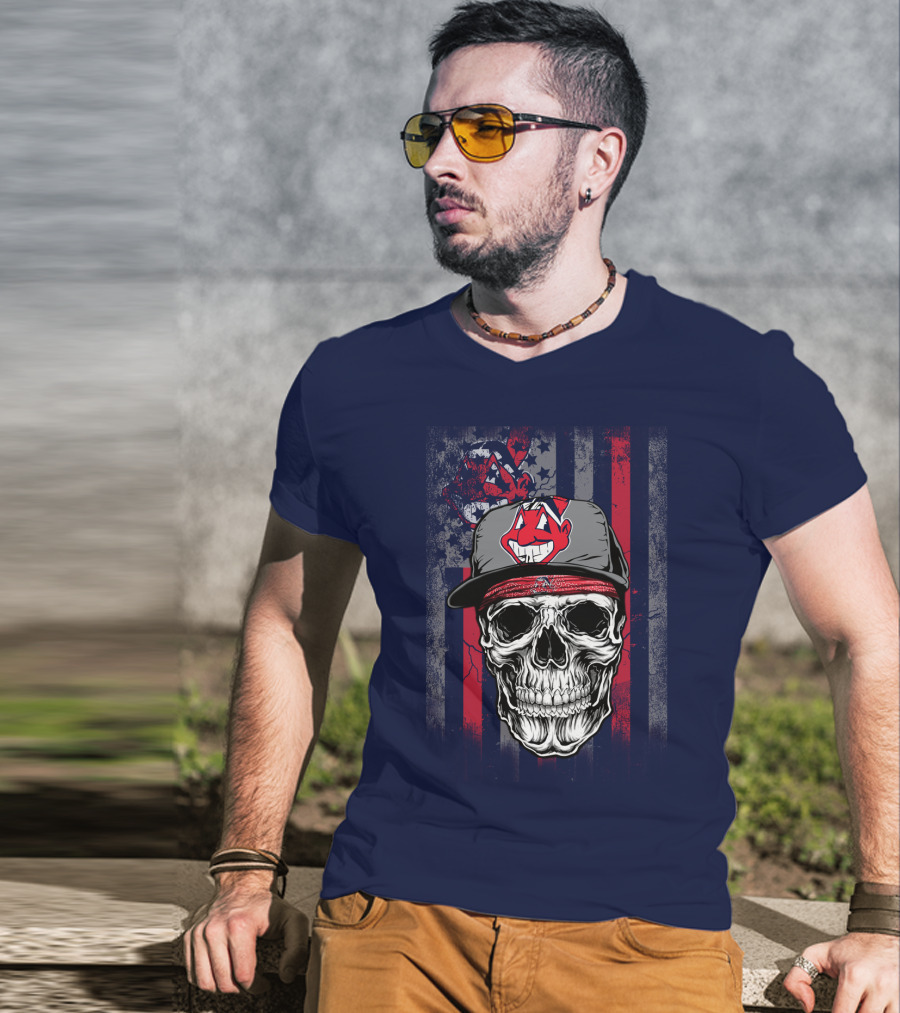 Cleveland Indians Skull Wearing Chief Wahoo Cap With American Flag T-Shirt