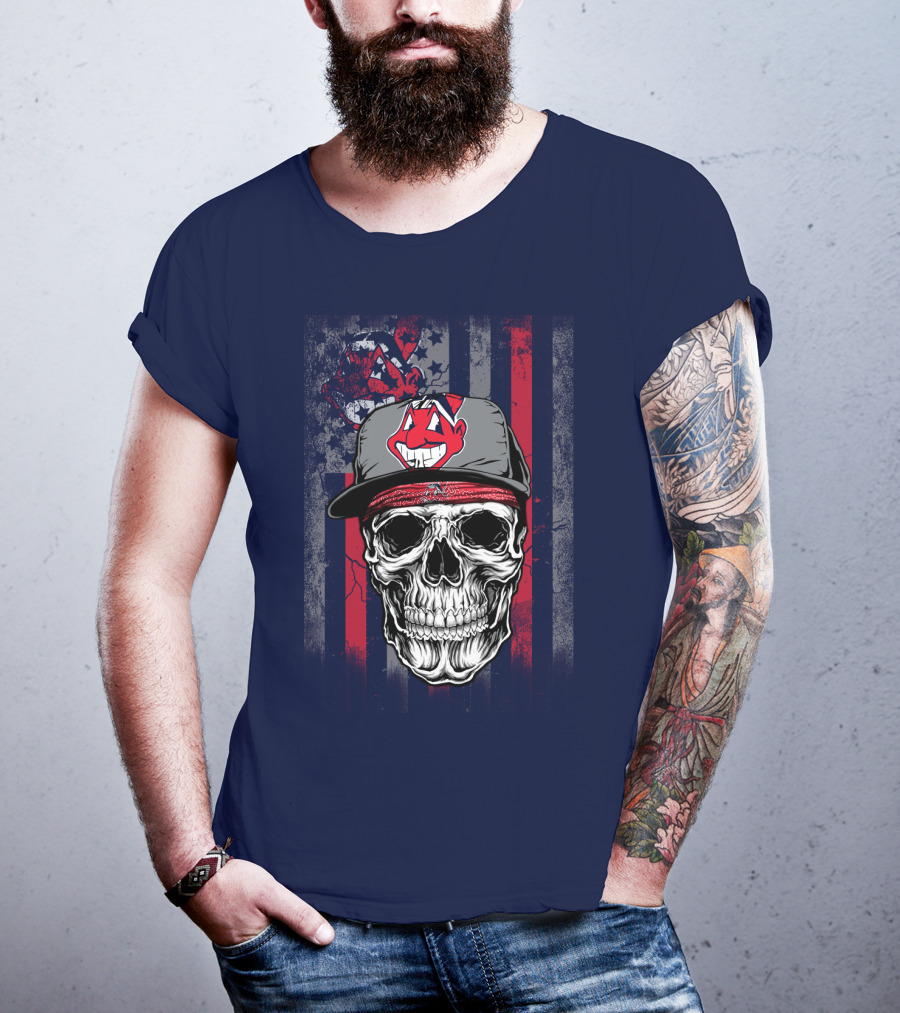 Cleveland Indians Skull Wearing Chief Wahoo Cap With American Flag T-Shirt