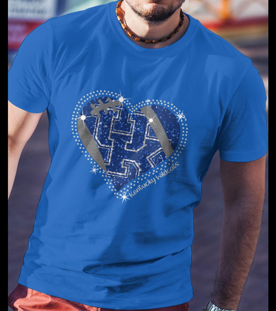 Kentucky Wildcats Heart Football Logo Sparkle Blue T-Shirt