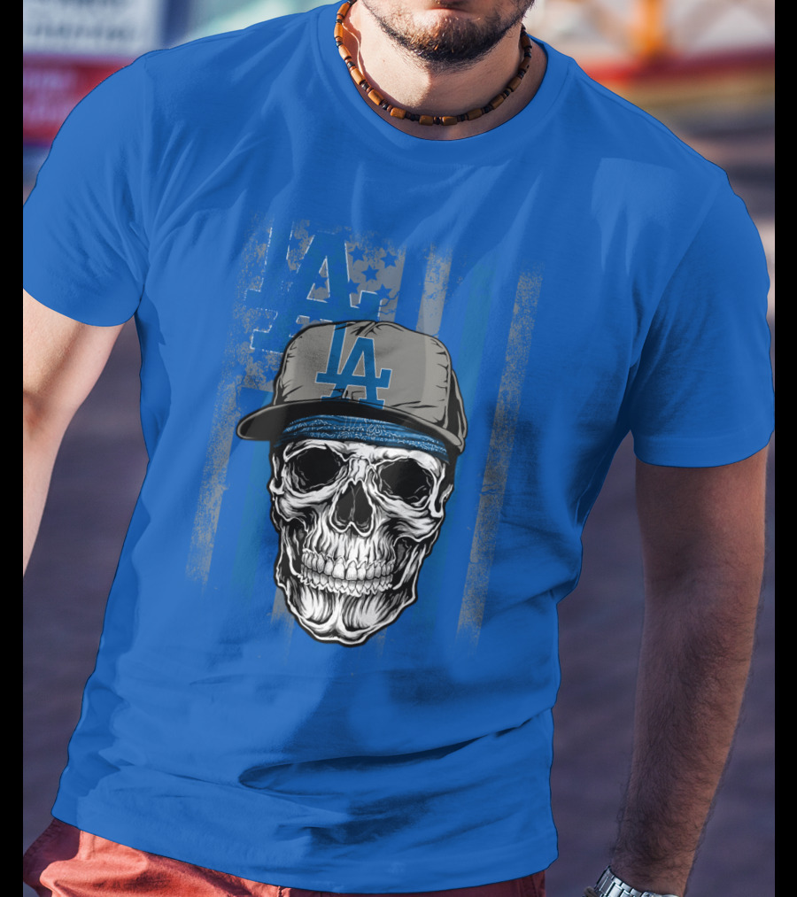 Los Angeles Dodgers Skull With La Cap And Stars T-Shirt