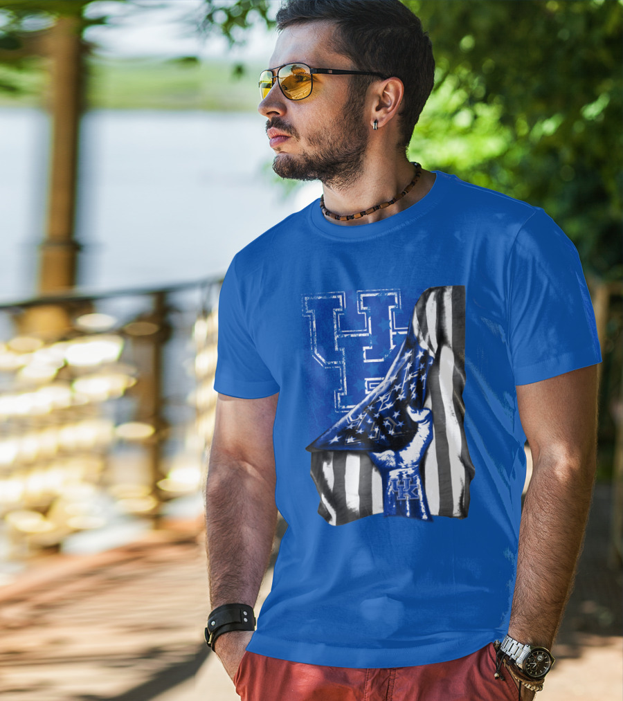 Kentucky Wildcats U.s. Flag Blue And White Logo Fusion T-Shirt