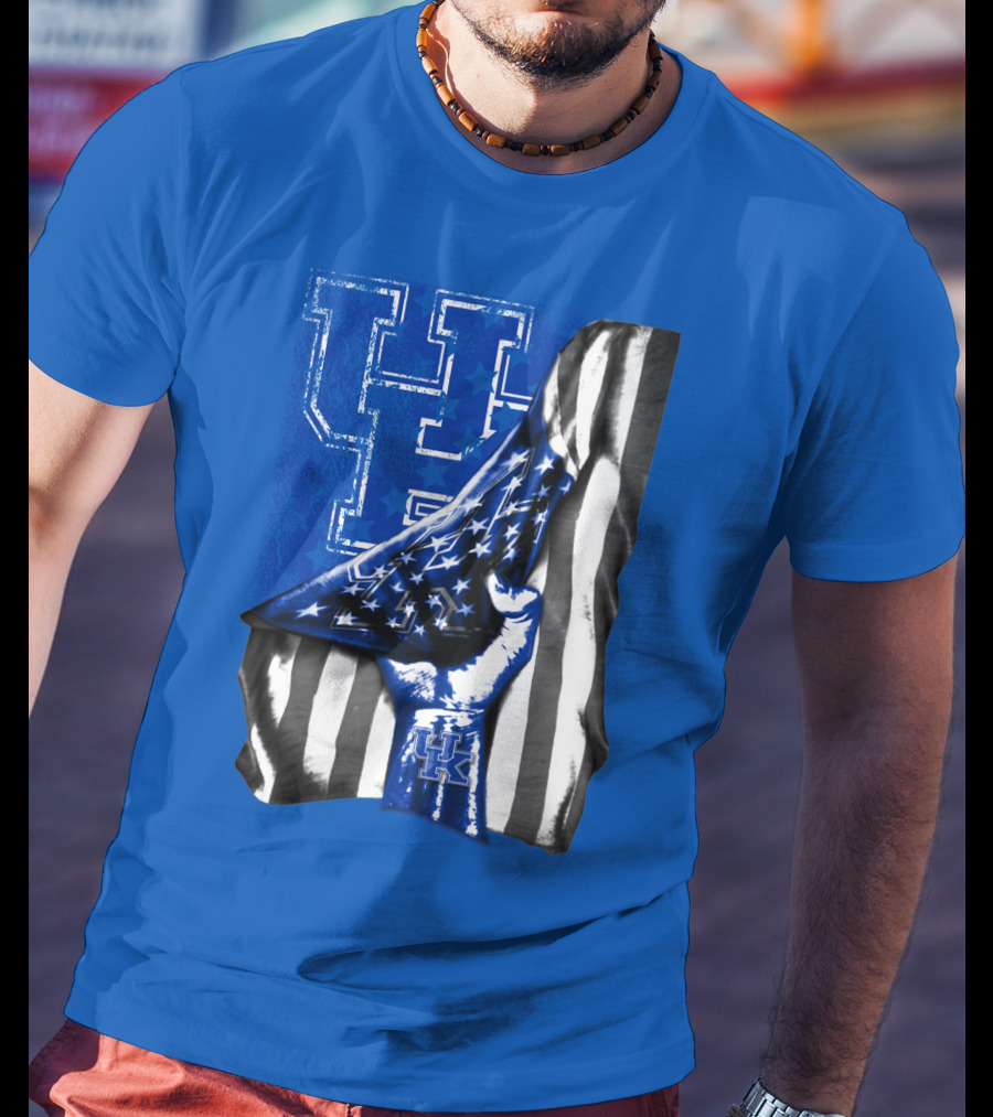 Kentucky Wildcats U.s. Flag Blue And White Logo Fusion T-Shirt