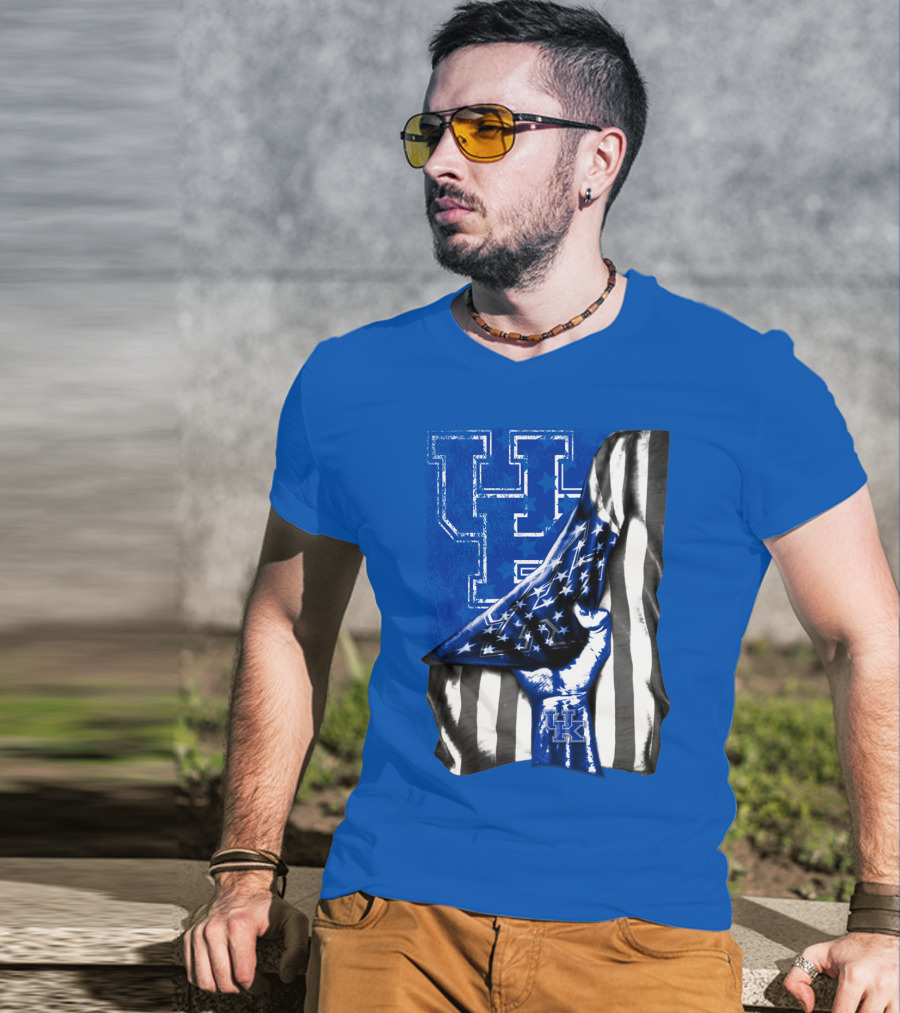 Kentucky Wildcats U.s. Flag Blue And White Logo Fusion T-Shirt