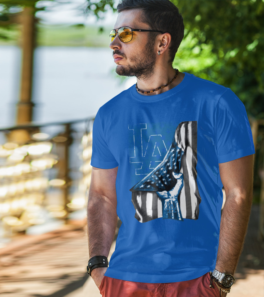 Los Angeles Dodgers La Logo American Flag Fist T-Shirt