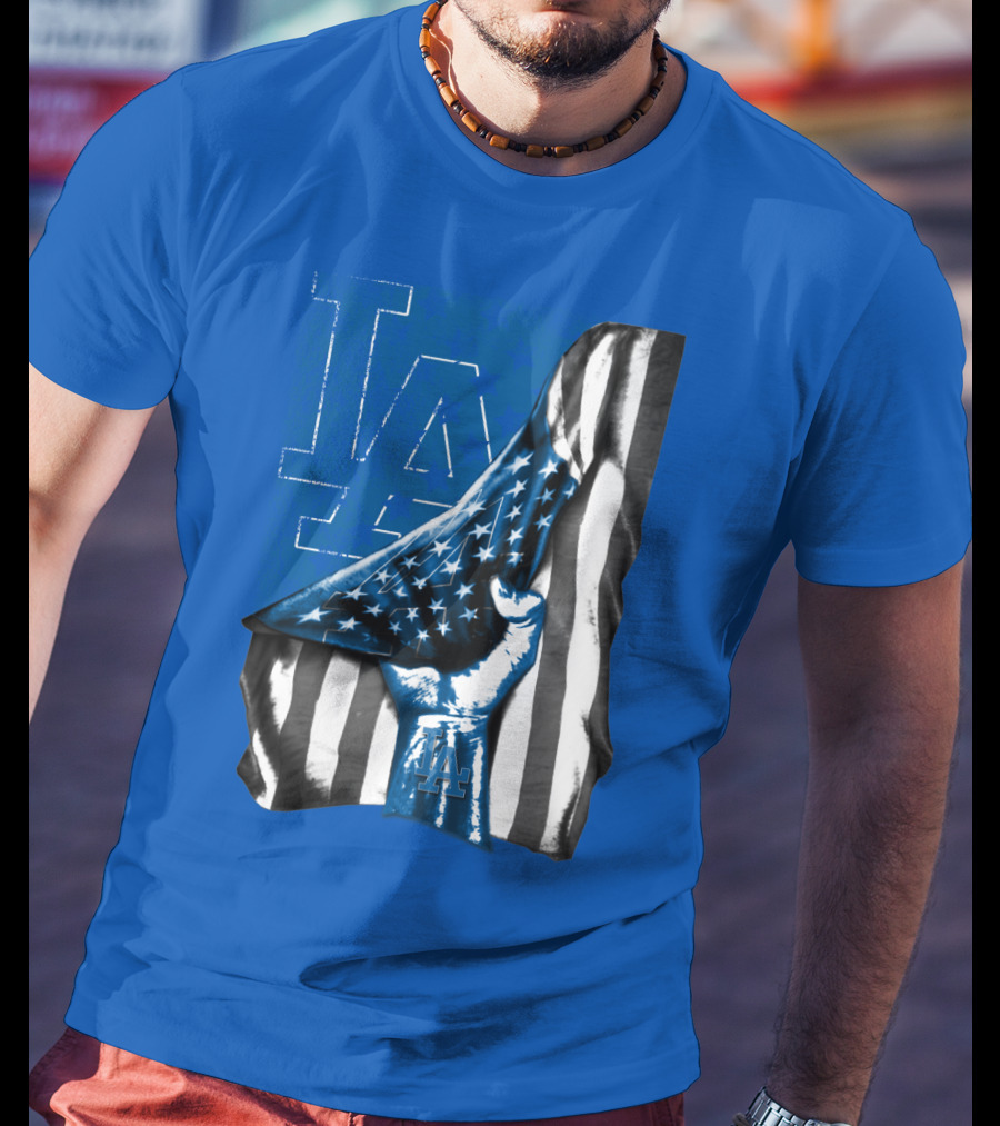 Los Angeles Dodgers La Logo American Flag Fist T-Shirt