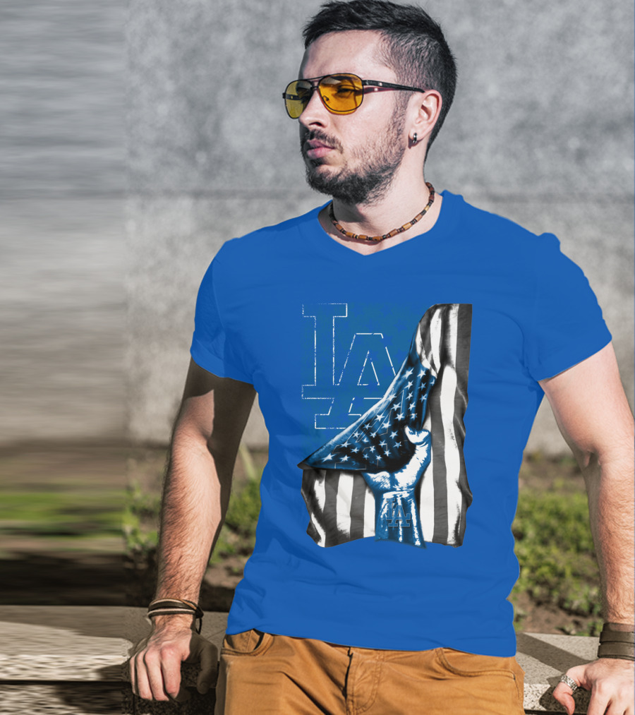 Los Angeles Dodgers La Logo American Flag Fist T-Shirt