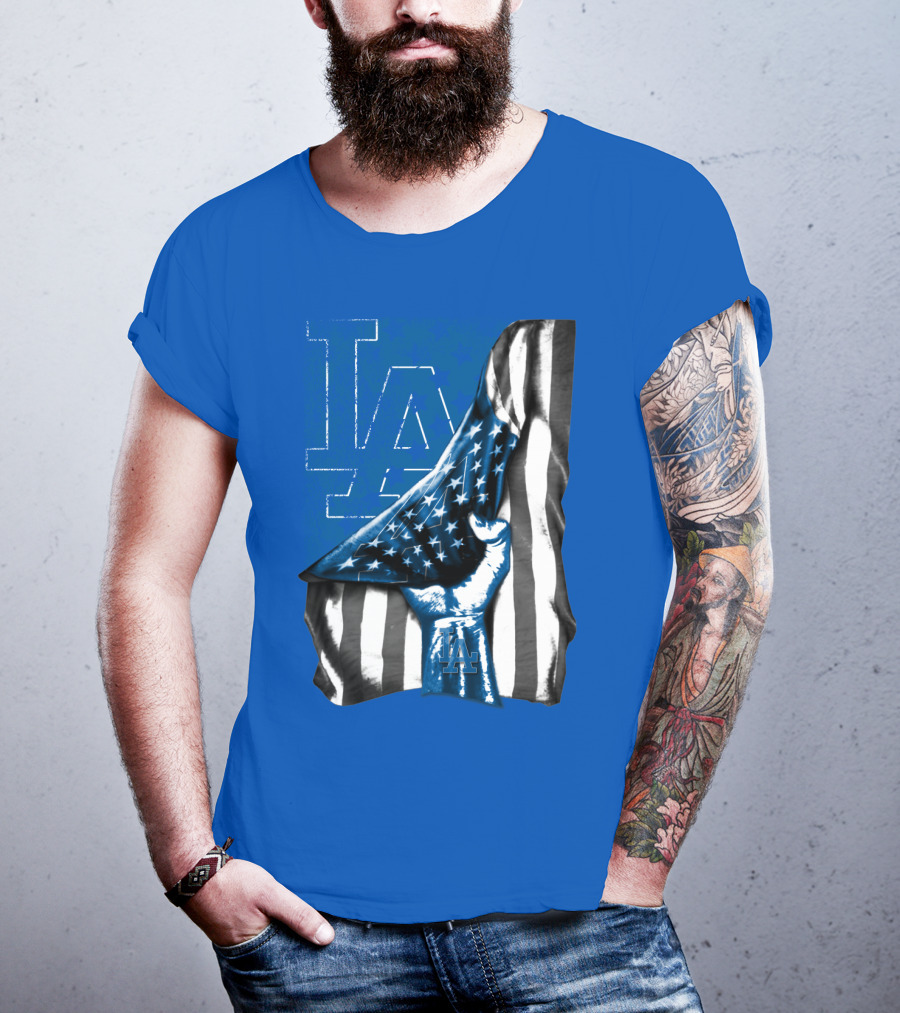 Los Angeles Dodgers La Logo American Flag Fist T-Shirt