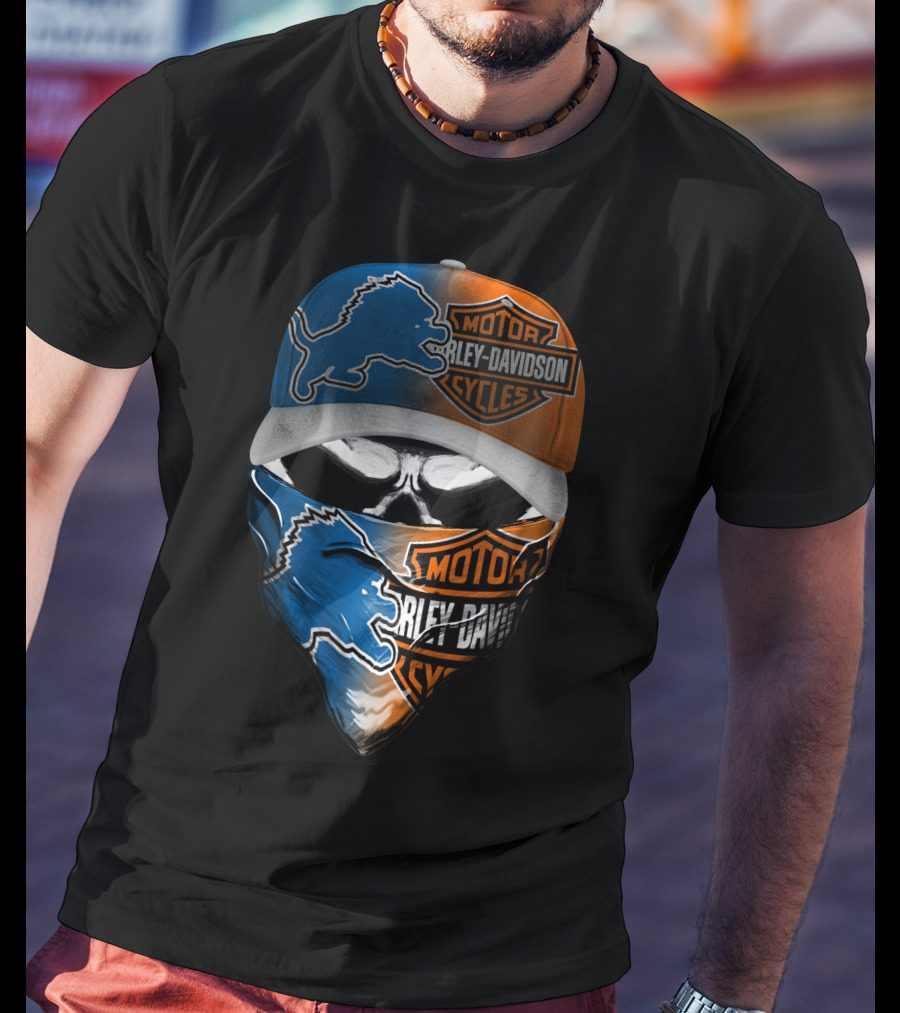 Detroit Lions Harley Davidson Motorcycles Skull Mask T-Shirt