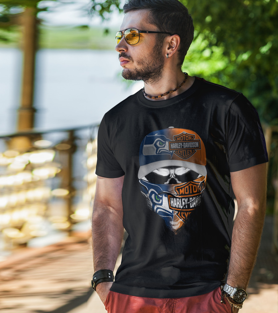 Seattle Seahawks Harley Davidson Collaboration Skull Face T-Shirt