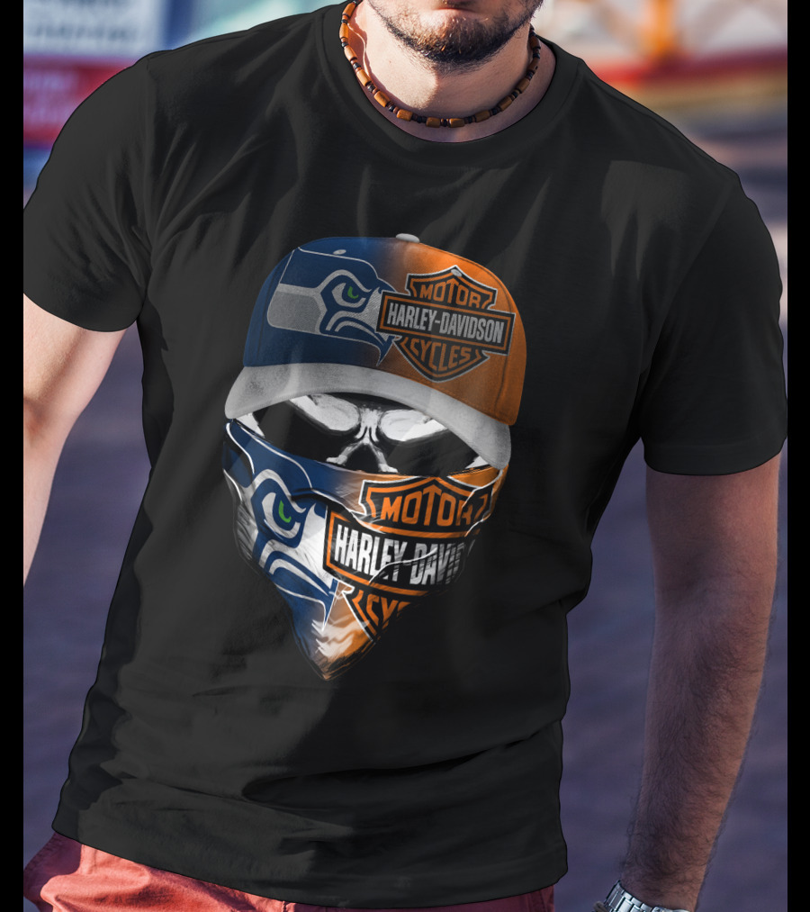 Seattle Seahawks Harley Davidson Collaboration Skull Face T-Shirt