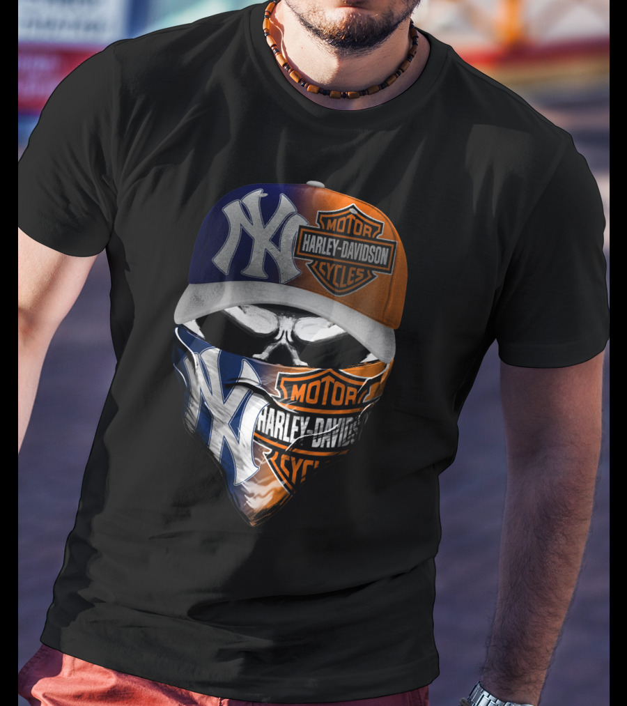 New York Yankees Harley Davidson Motorcycles Skull Mask Hat T-Shirt