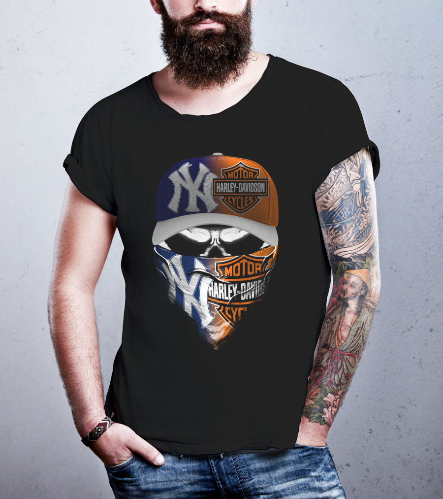 New York Yankees Harley Davidson Motorcycles Skull Mask Hat T-Shirt