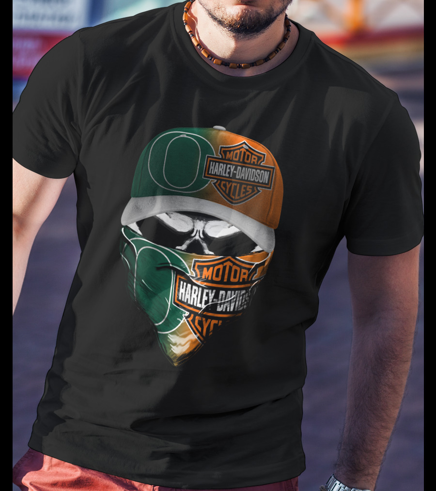 Harley Davidson Motor Cycles With Green And Orange Skull Mask Logo Mashup T-Shirt