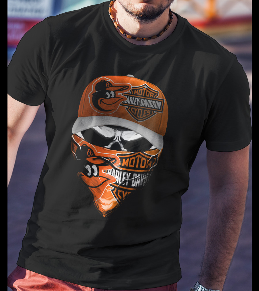 Baltimore Orioles Harley Davidson Hybrid Skulled Style T-Shirt