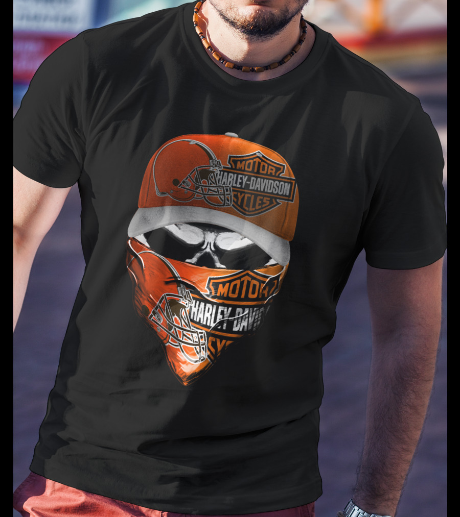 Harley Davidson Motorcycles Cleveland Browns Skull Cap And Bandana T-Shirt