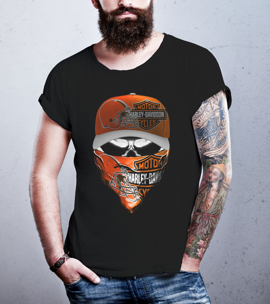 Harley Davidson Motorcycles Cleveland Browns Skull Cap And Bandana T-Shirt