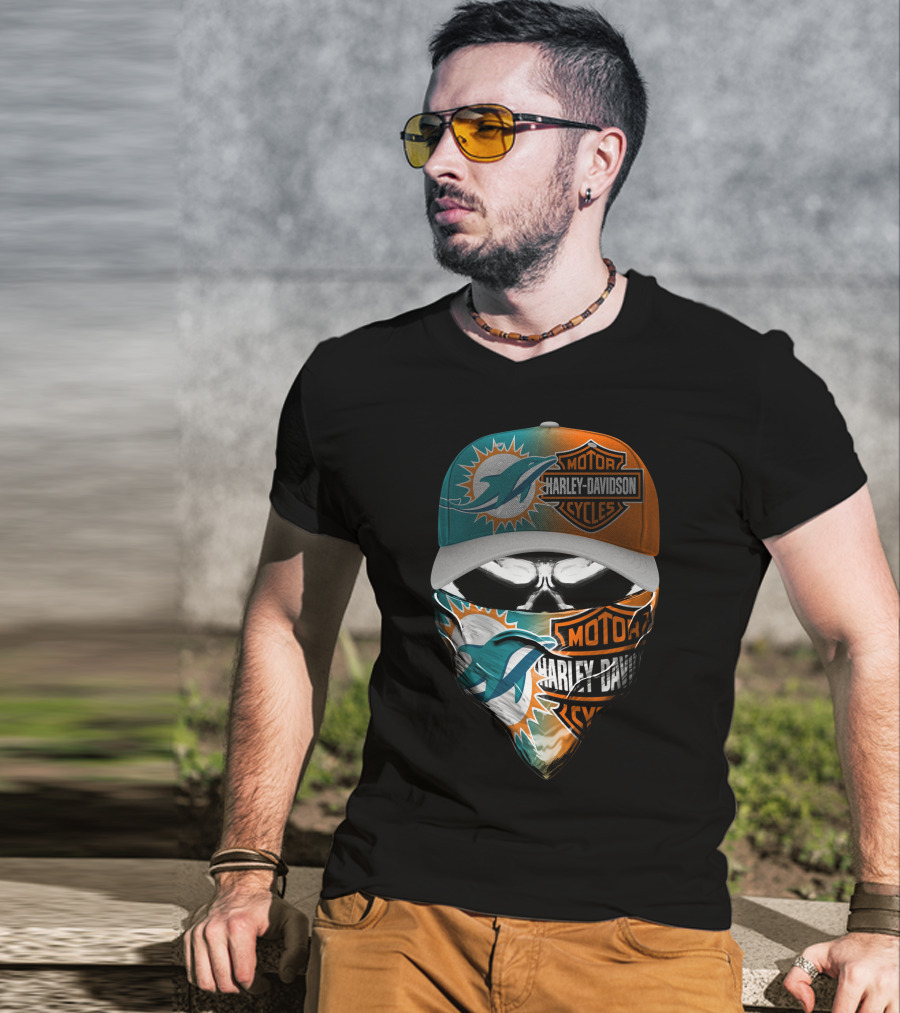 Miami Dolphins Harley Davidson Motorcycles Skull T-Shirt