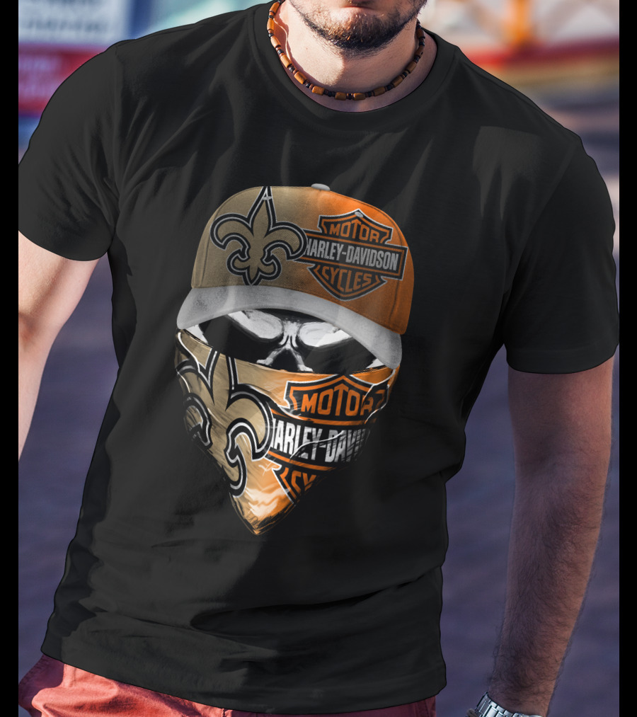 Harley Davidson New Orleans Saints Fleur-De-Lis Skull Mask Hat T-Shirt