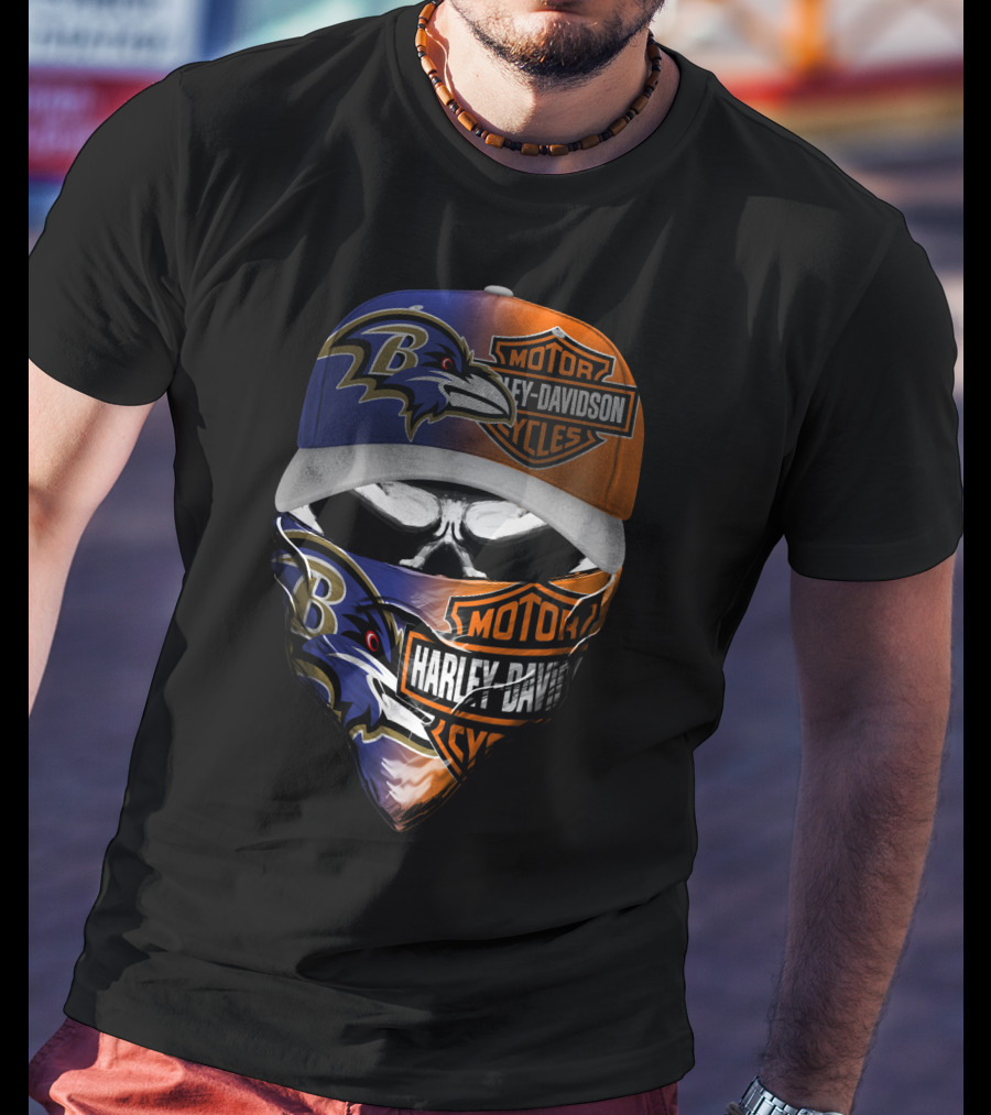 Baltimore Ravens Harley Davidson Motorcycles Skull Face Cover Hat T-Shirt