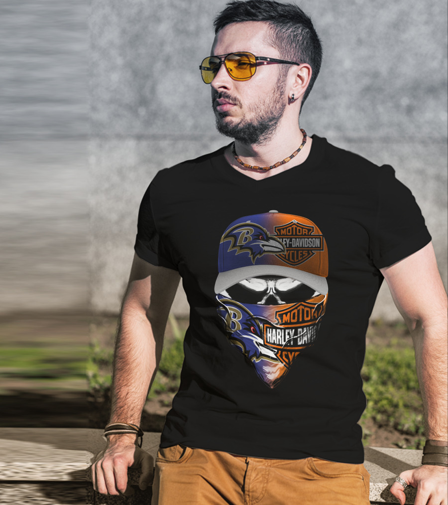 Baltimore Ravens Harley Davidson Motorcycles Skull Face Cover Hat T-Shirt