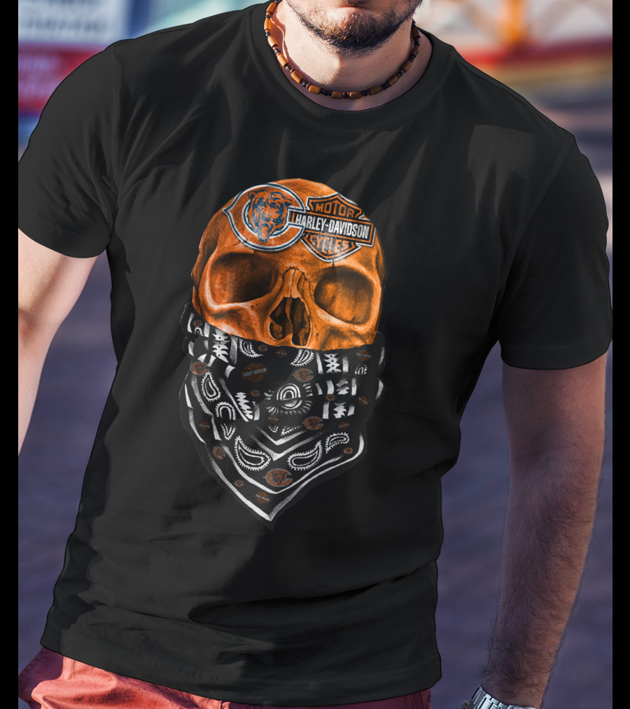 Harley Davidson Motorcycles Skull With Chicago Bears Logo Bandana T-Shirt