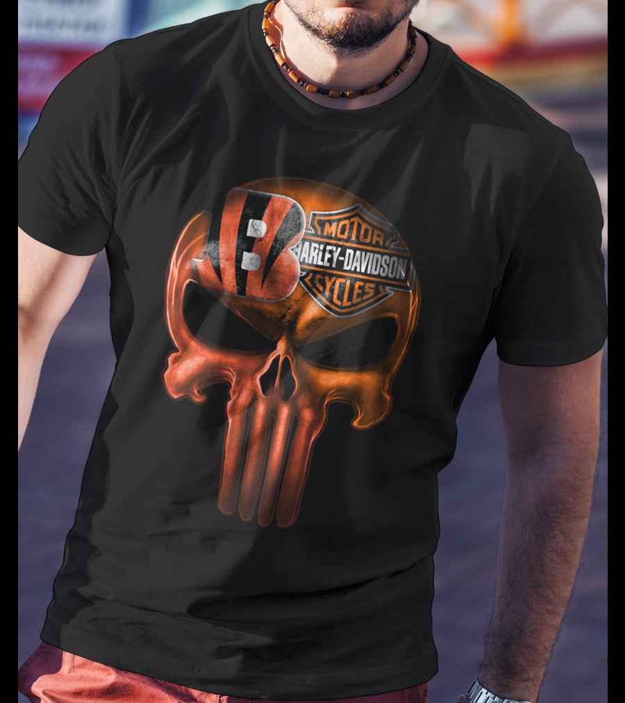 Cincinnati Bengals Harley Davidson Punisher Skull T-Shirt