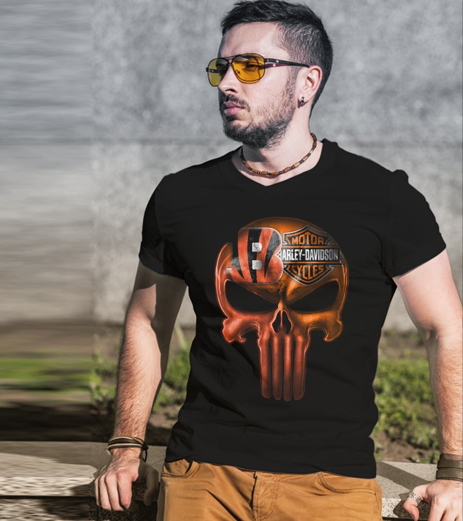 Cincinnati Bengals Harley Davidson Punisher Skull T-Shirt