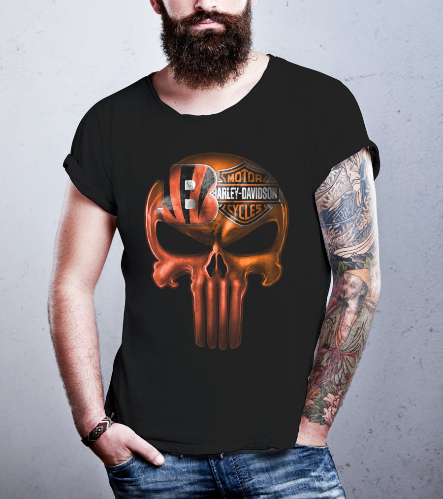 Cincinnati Bengals Harley Davidson Punisher Skull T-Shirt