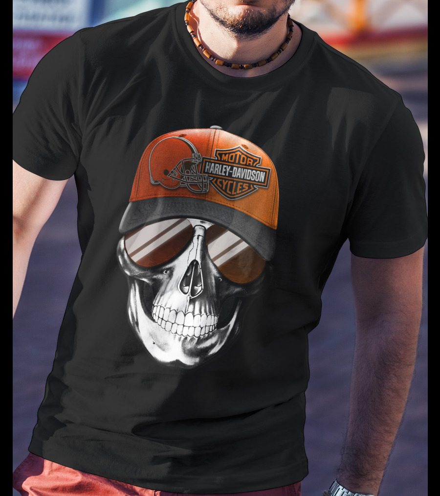 Cleveland Browns Harley Davidson Skull Sunglasses T-Shirt