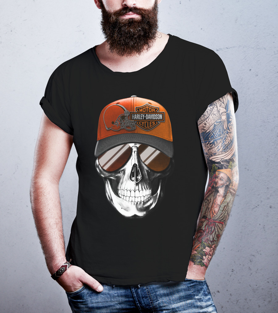 Cleveland Browns Harley Davidson Skull Sunglasses T-Shirt