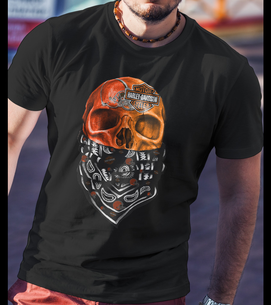 Harley Davidson Cleveland Browns Skull With Bandana T-Shirt