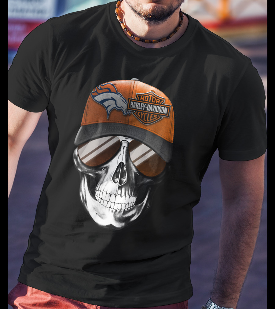 Harley Davidson Motorcycles Skull With Denver Broncos Cap T-Shirt