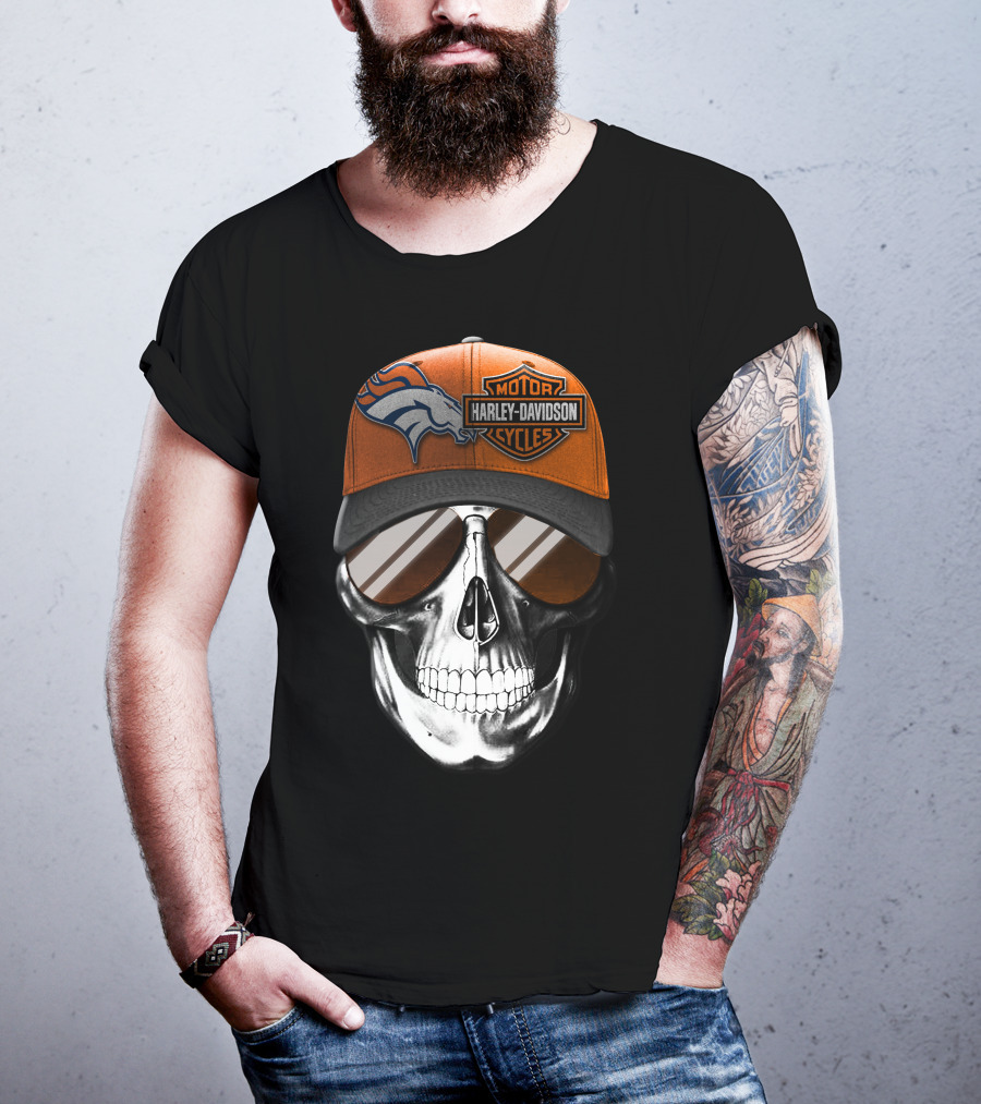 Harley Davidson Motorcycles Skull With Denver Broncos Cap T-Shirt