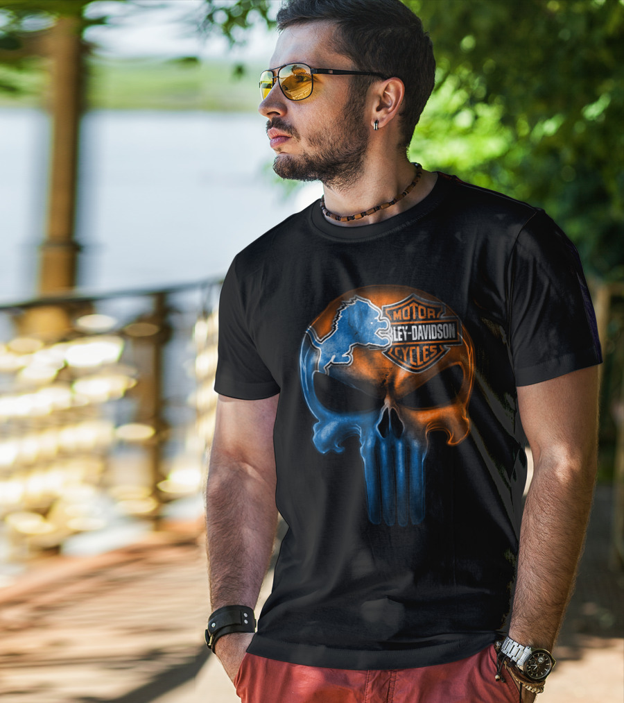 Detroit Lions Harley Davidson Motorcycles Punisher Skull T-Shirt