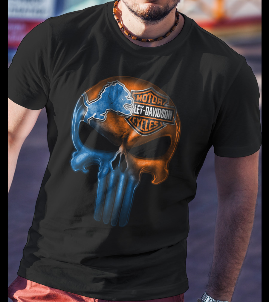 Detroit Lions Harley Davidson Motorcycles Punisher Skull T-Shirt