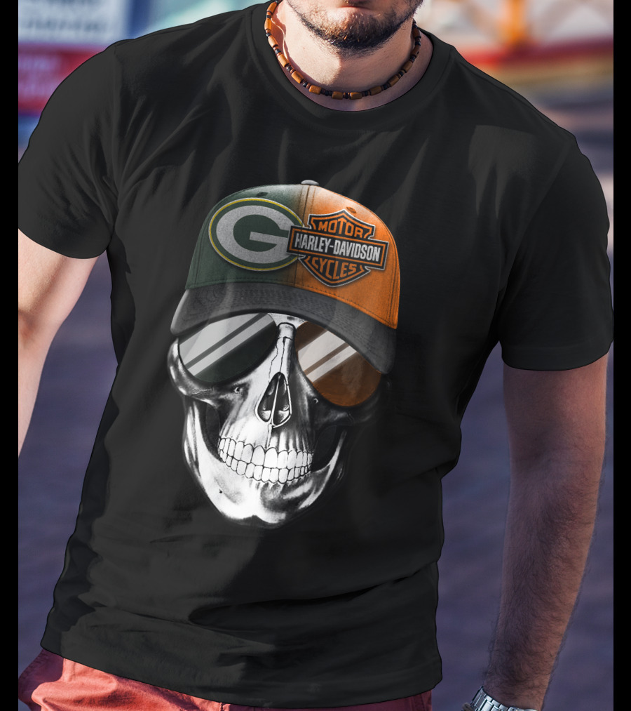 Green Bay Packers Harley Davidson Skull Cap T-Shirt