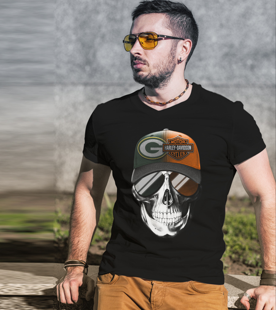 Green Bay Packers Harley Davidson Skull Cap T-Shirt