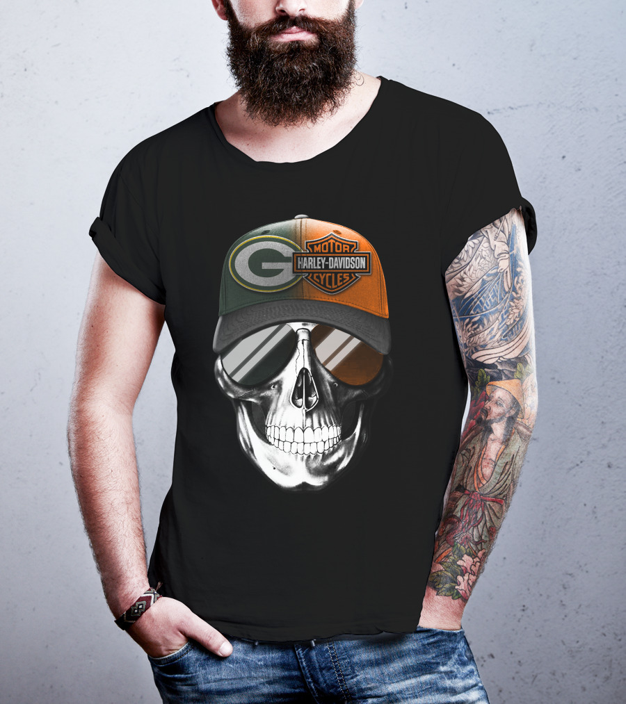 Green Bay Packers Harley Davidson Skull Cap T-Shirt