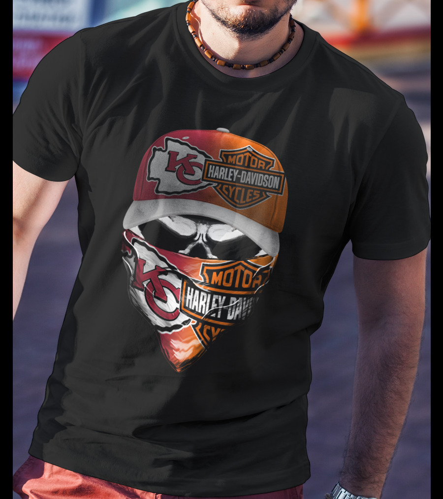 Kansas City Chiefs Harley Davidson Motorcycles Skull Mask And Cap T-Shirt