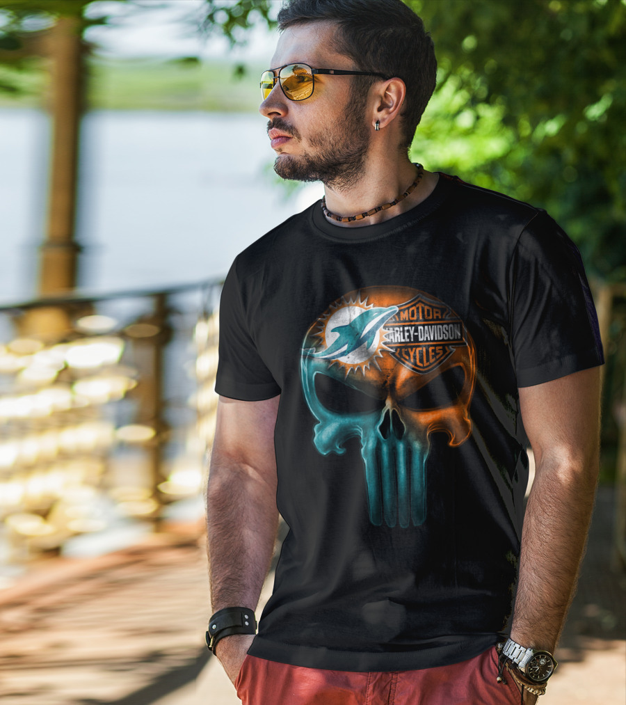 Miami Dolphins Harley Davidson Punisher Skull T-Shirt