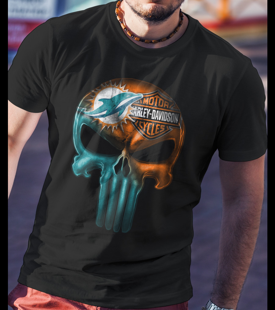 Miami Dolphins Harley Davidson Punisher Skull T-Shirt