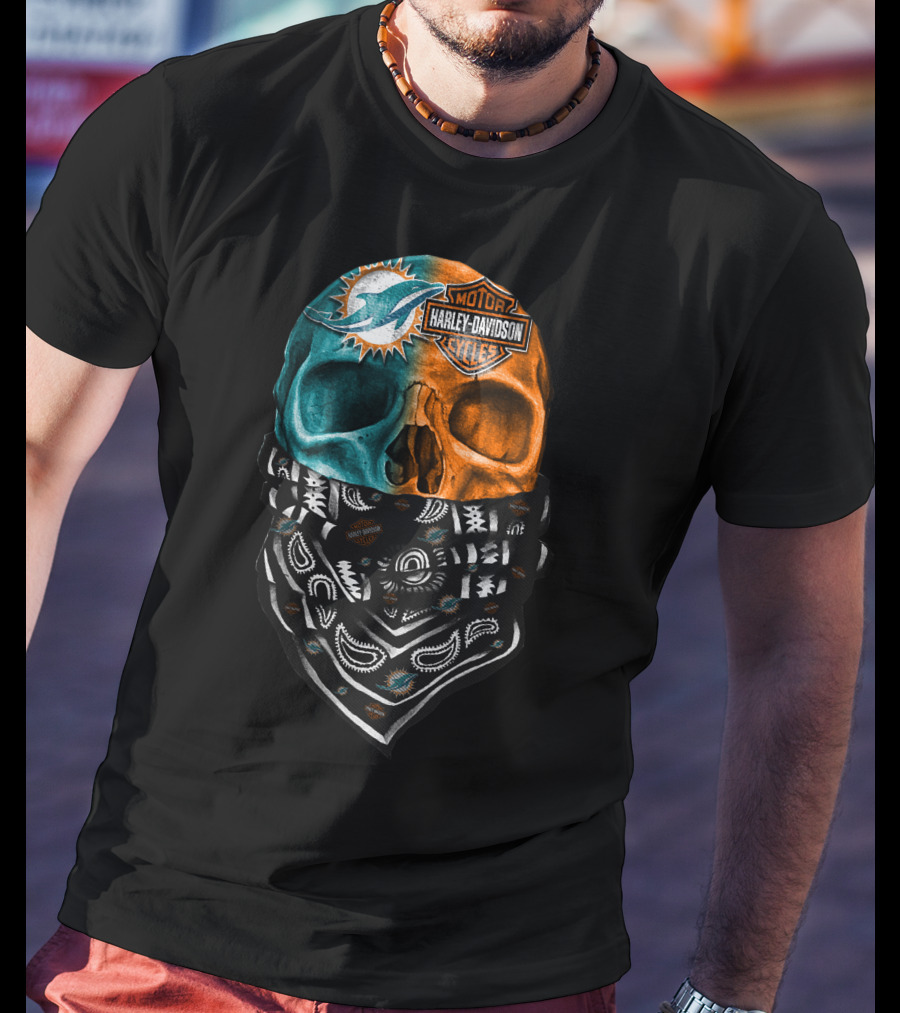 Miami Dolphins Harley Davidson Motorcycles Bandana Skull T-Shirt