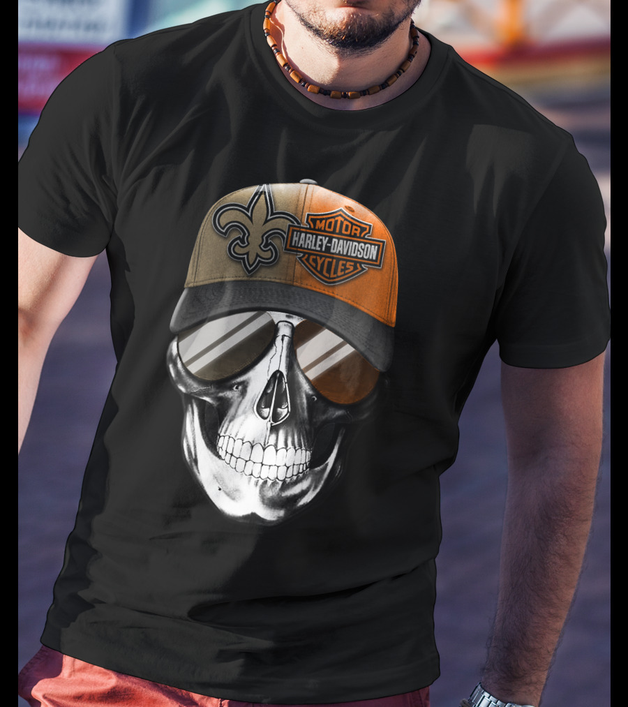 New Orleans Saints Harley Davidson Skull Hat T-Shirt