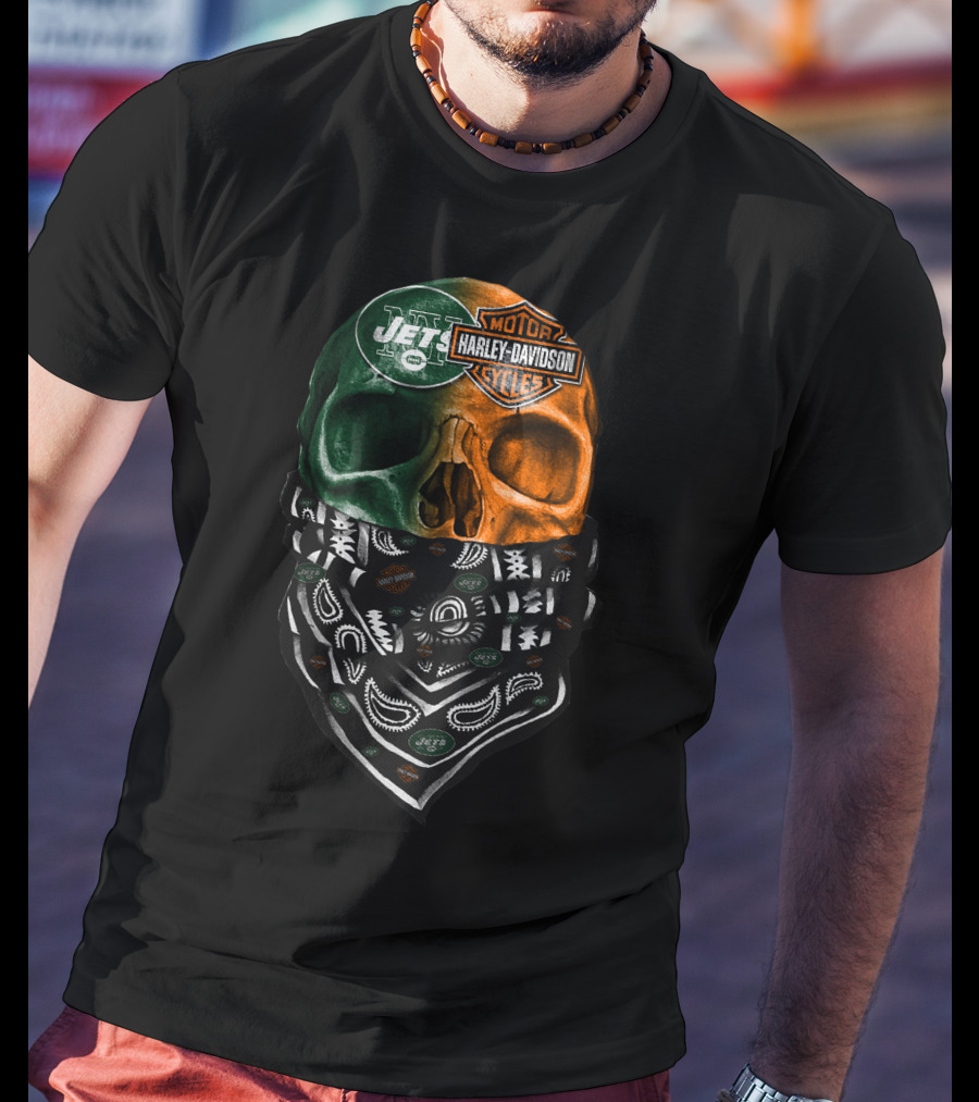 New York Jets Harley Davidson Green Orange Skull Bandana T-Shirt