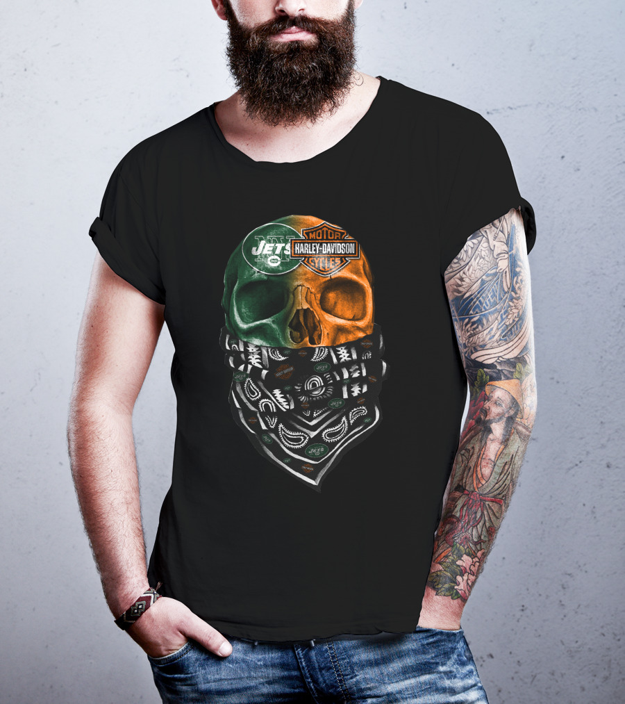 New York Jets Harley Davidson Green Orange Skull Bandana T-Shirt