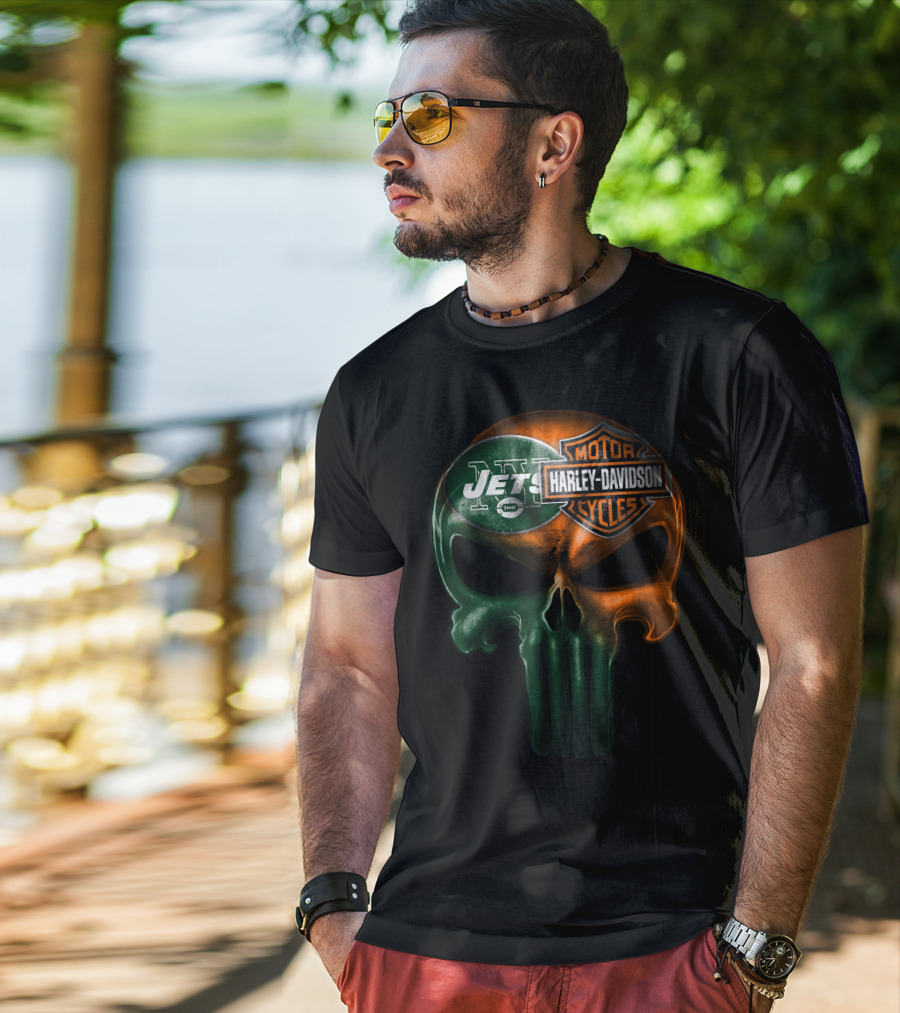 New York Jets Harley Davidson Skull T-Shirt