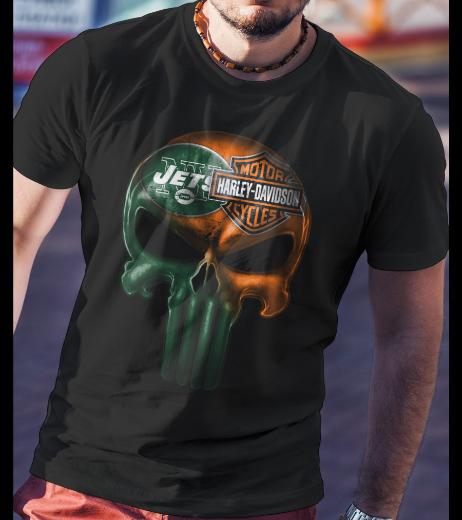 New York Jets Harley Davidson Skull T-Shirt