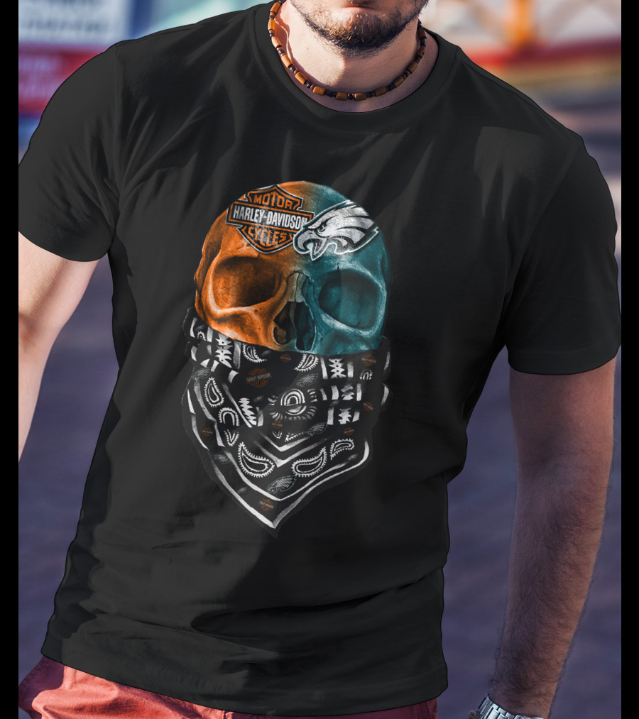 Harley Davidson Motor Cycles Philadelphia Eagles Skulls Bandana T-Shirt